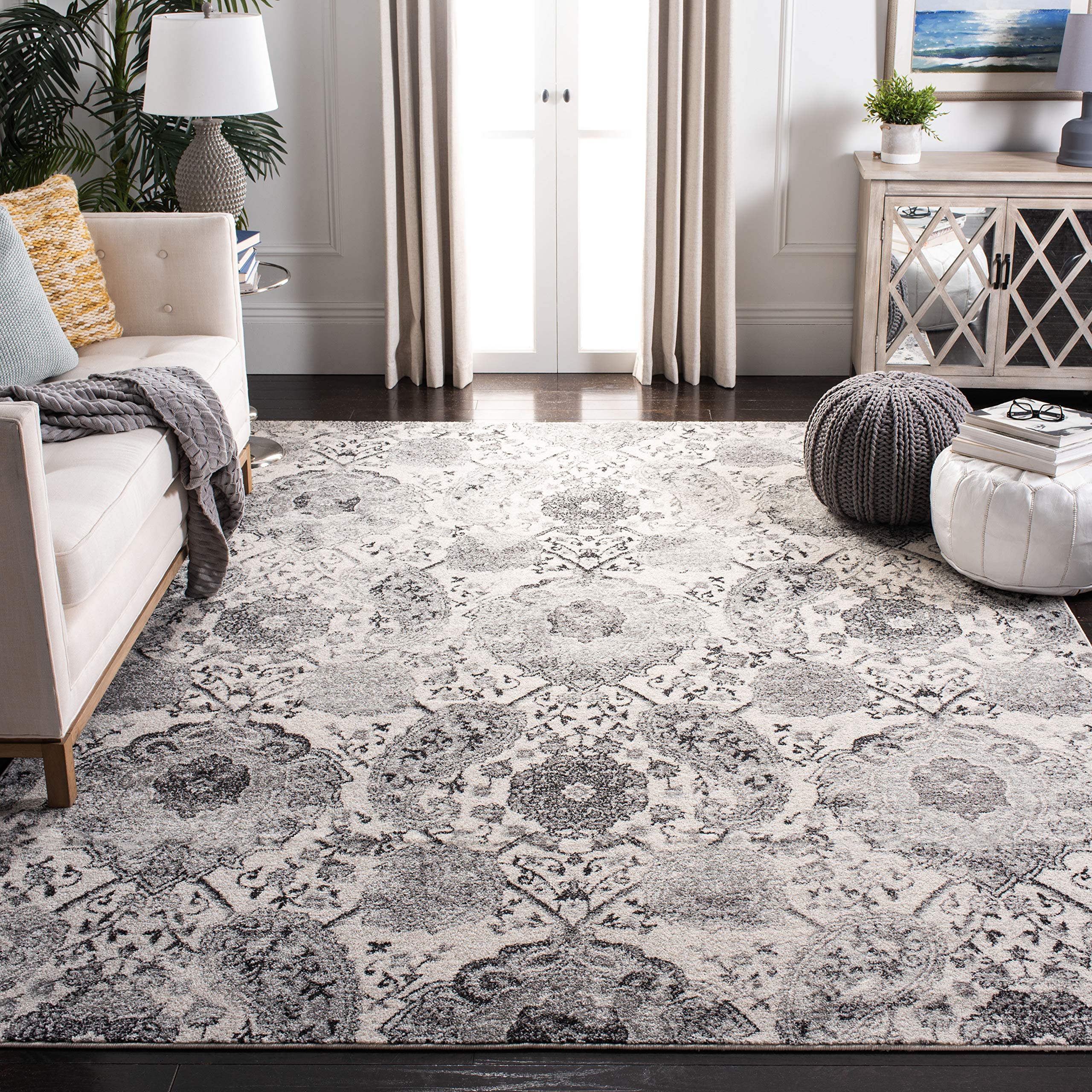 SAFAVIEH Madison Collection Area Rug - 6'7'' Square, Cream & Silver, Boho Chic Glam Paisley Design, Non-Shedding & Easy Care, Id